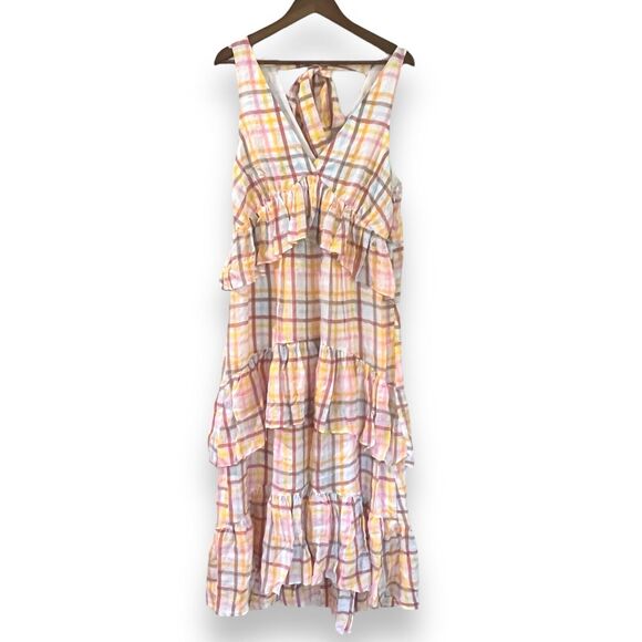 Cinq a Sept Astor Plaid Poplin Midi Dress Size 12 V-Neck Ruffle NWT $465 - Picture 5 of 15